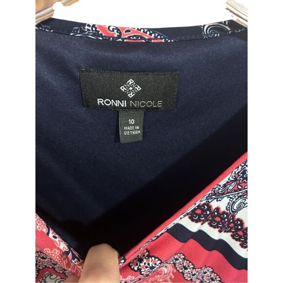 Ronni Nicole Women’s Size 10 Open Shoulder 3/4 Slv Lined Navy Printed Dress - Picture 11 of 16